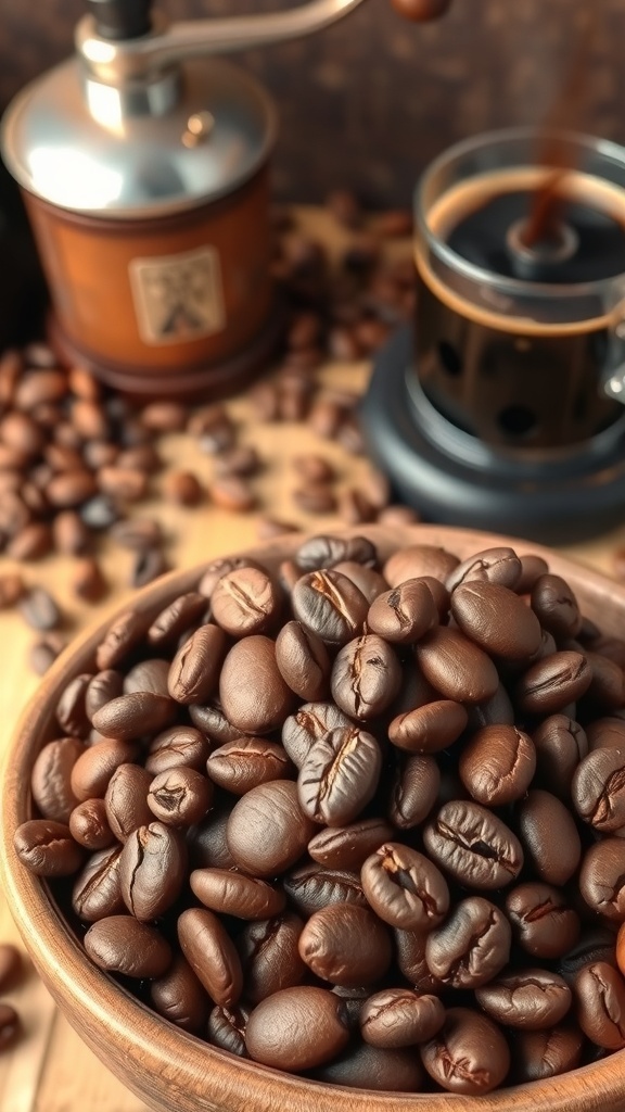 Freshly roasted coffee beans in a bowl with a coffee grinder and a cup of coffee on a wooden table.